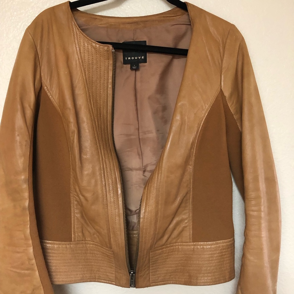 Trouve Tan Leather Jacket Modern Fitted Design